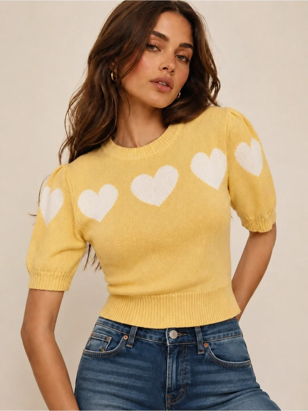 Reformation Yellow Heart Puff Sleeve Linen Blend Knit Top, Size XS NWOT